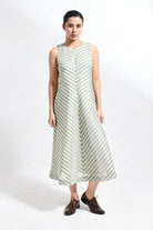 Tissue Striped Sleeveless A - line Dress with Back Patch - Light Green - CiceroniDressesHiranya