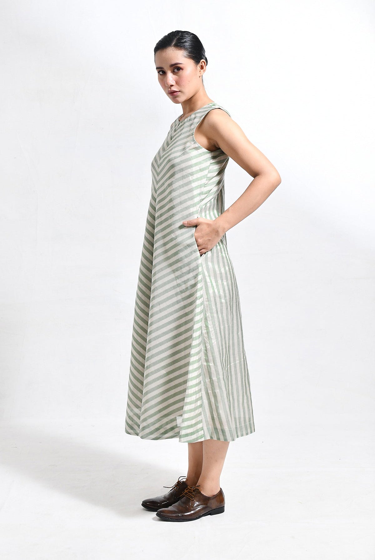 Tissue Striped Sleeveless A - line Dress with Back Patch - Light Green - CiceroniDressesHiranya