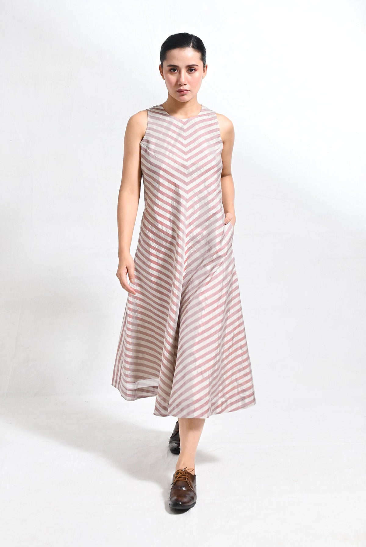 Tissue Striped Sleeveless A - line Dress with Back Patch - Red - CiceroniDressesHiranya
