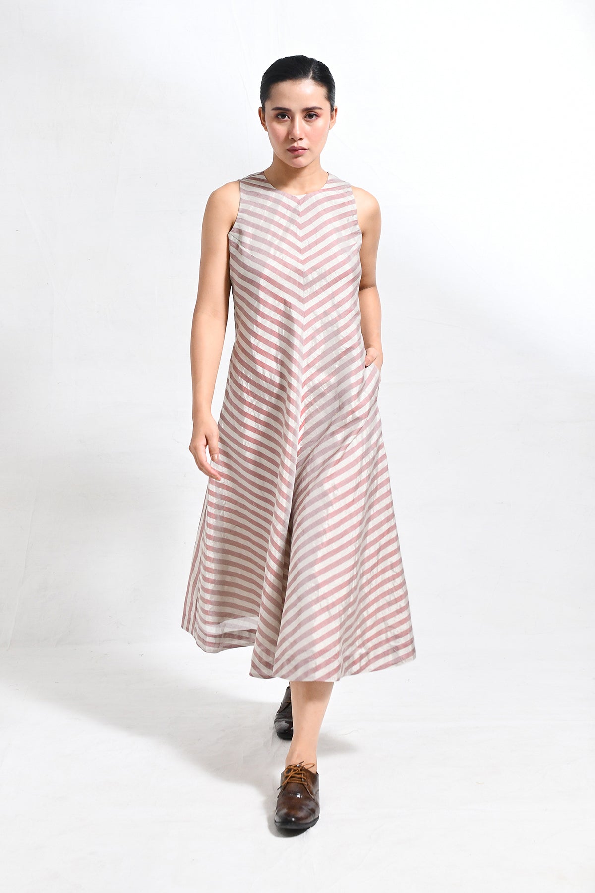 Tissue Striped Sleeveless A - line Dress with Back Patch - Red - CiceroniDressesHiranya