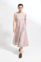 Tissue Striped Sleeveless A - line Dress with Back Patch - Red - CiceroniDressesHiranya
