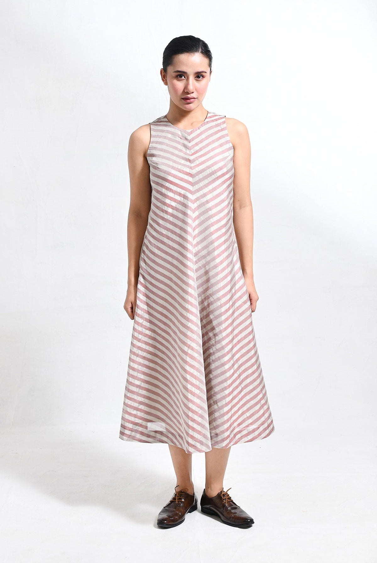 Tissue Striped Sleeveless A - line Dress with Back Patch - Red - CiceroniDressesHiranya