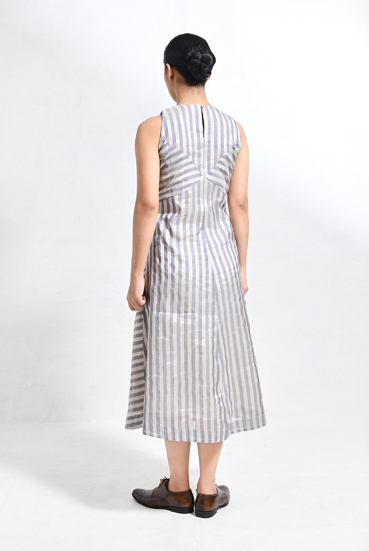 Tissue Striped Sleeveless A - line Dress with Back Patch - CiceroniDressesHiranya