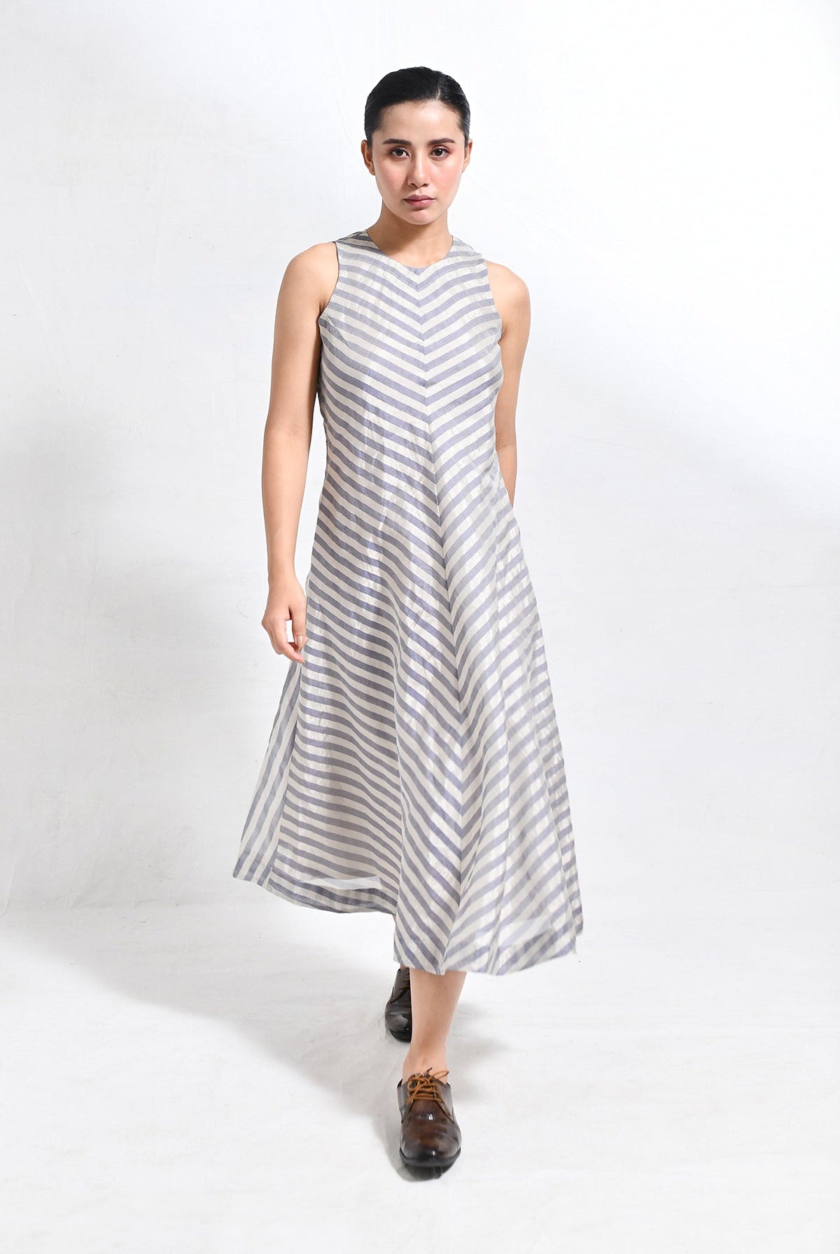 Tissue Striped Sleeveless A - line Dress with Back Patch - CiceroniDressesHiranya