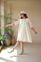 Titali Dress with Ruching & Embroidery Details - Natural White - CiceroniDressesRang by Rajvi