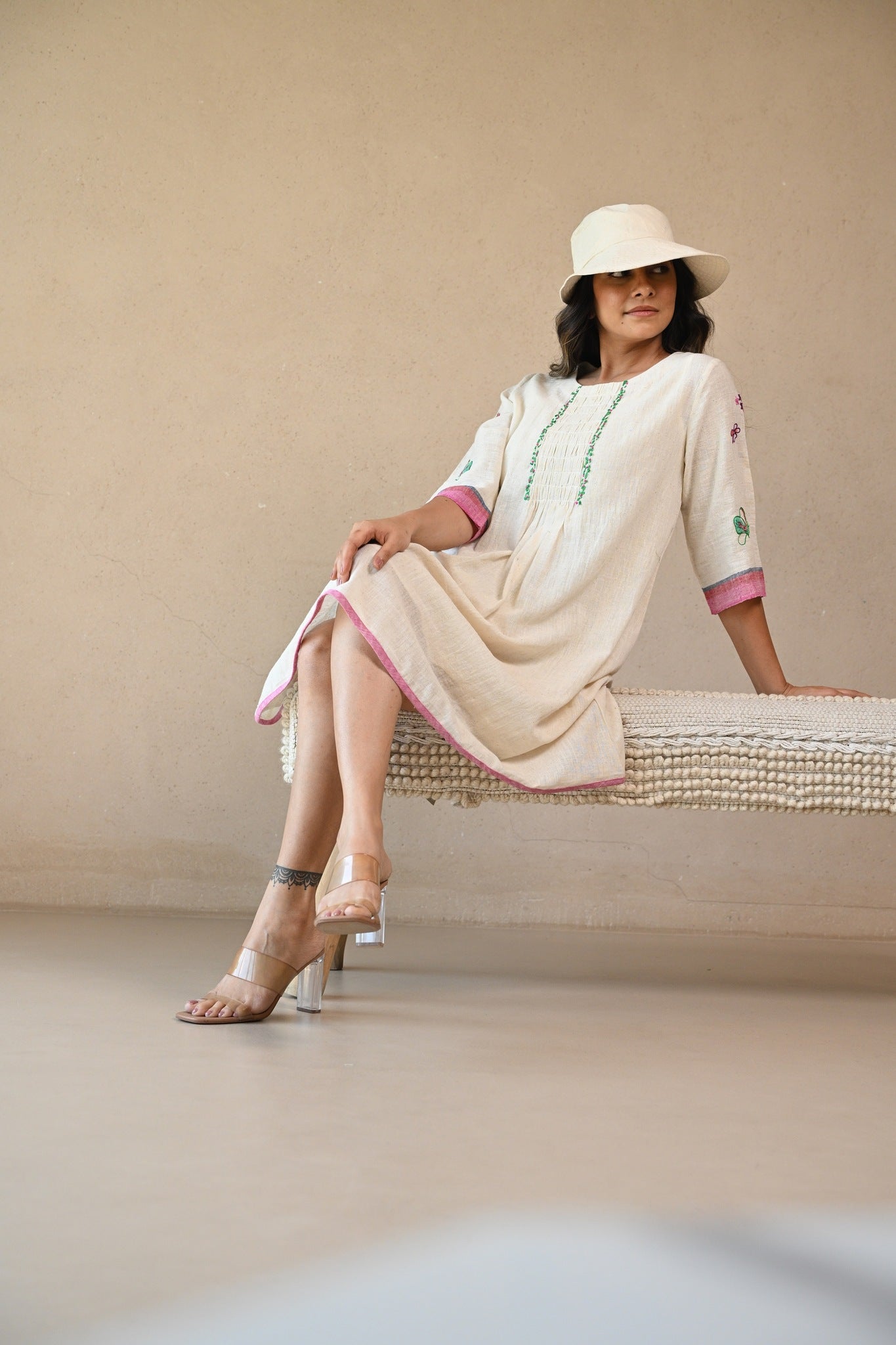 Titali Dress with Ruching & Embroidery Details - Natural White - CiceroniDressesRang by Rajvi