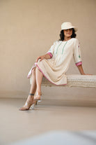 Titali Dress with Ruching & Embroidery Details - Natural White - CiceroniDressesRang by Rajvi