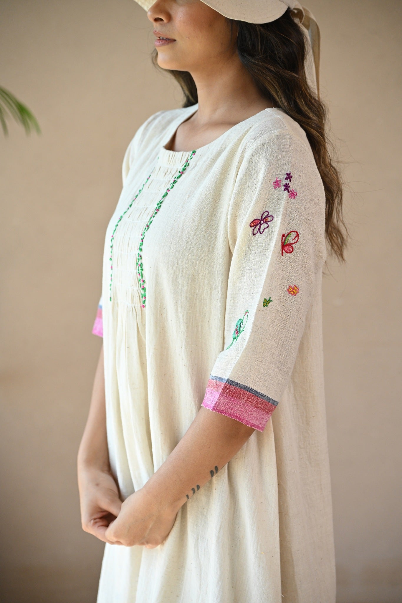 Titali Dress with Ruching & Embroidery Details - Natural White - CiceroniDressesRang by Rajvi