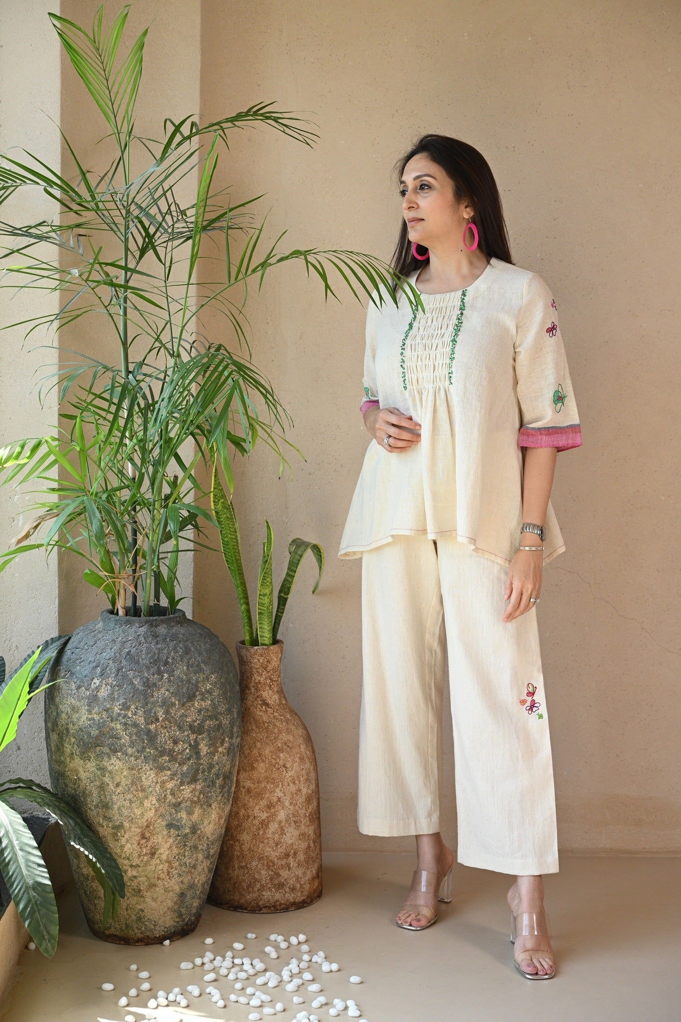 Titali Top with Ruching & Embroidery Details - Natural White - CiceroniTopsRang by Rajvi