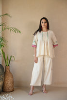Titali Top with Ruching & Embroidery Details - Natural White - CiceroniTopsRang by Rajvi