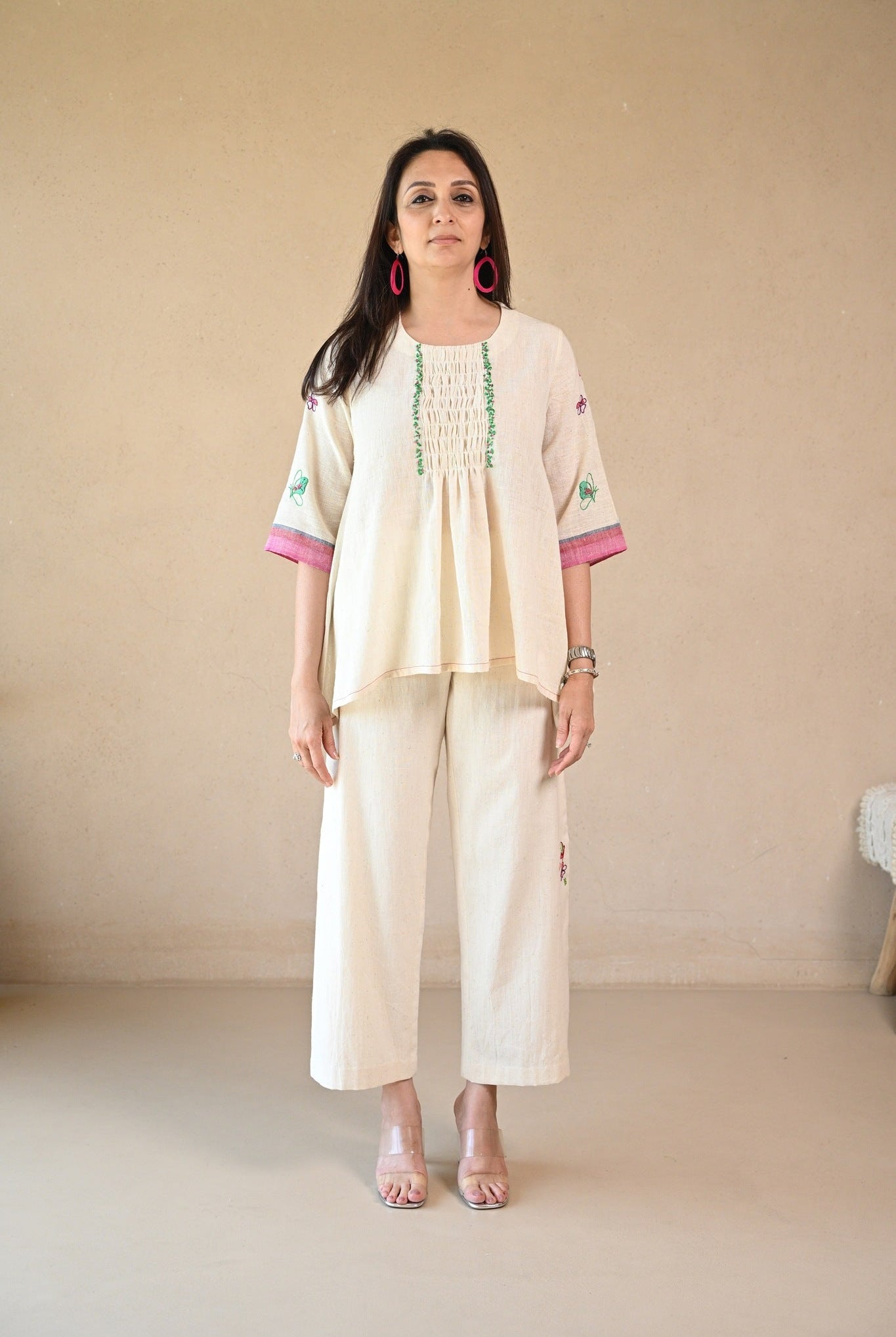 Titali Top with Ruching & Embroidery Details - Natural White - CiceroniTopsRang by Rajvi