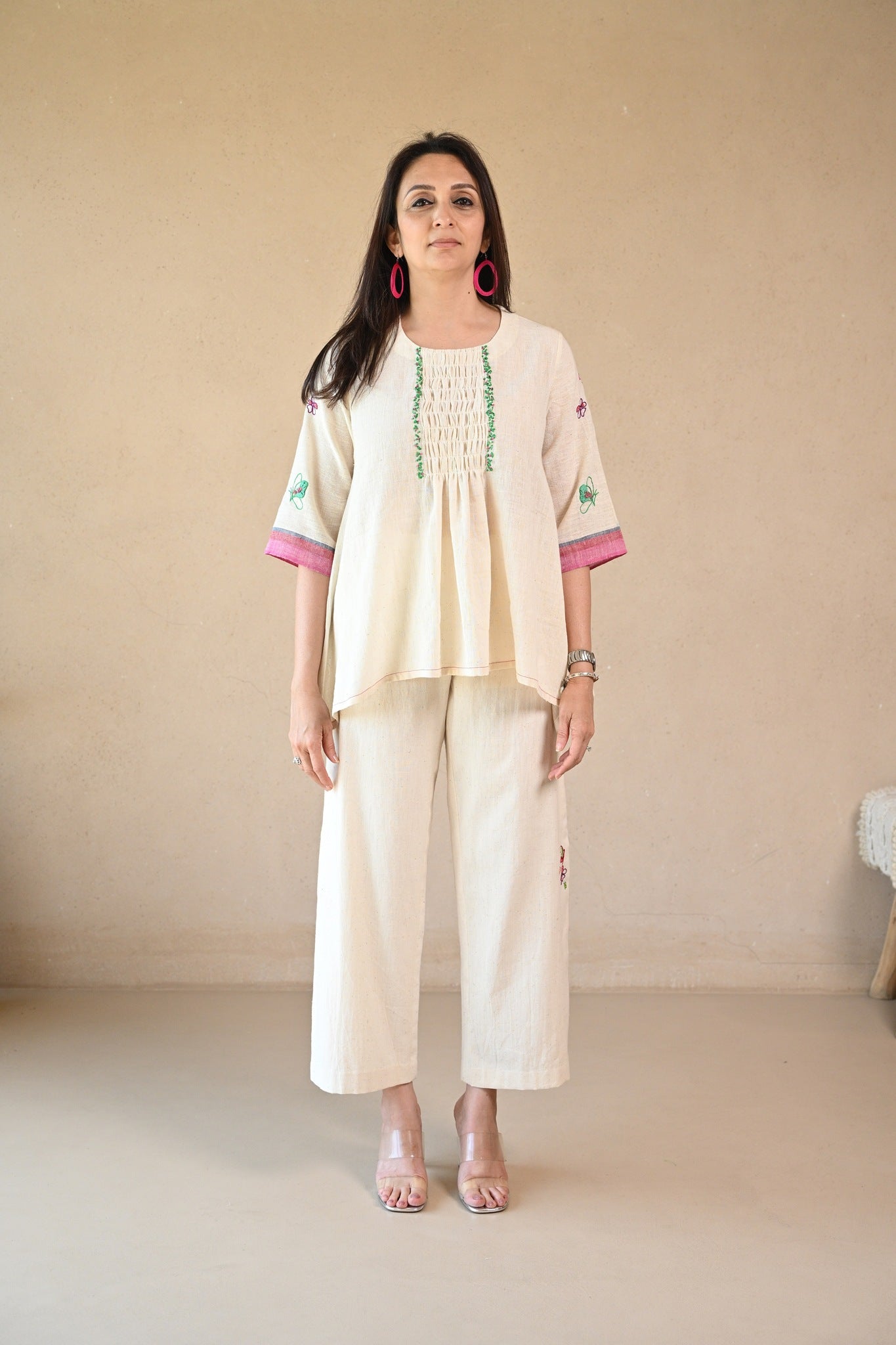 Titali Top with Ruching & Embroidery Details - Natural White - CiceroniTopsRang by Rajvi