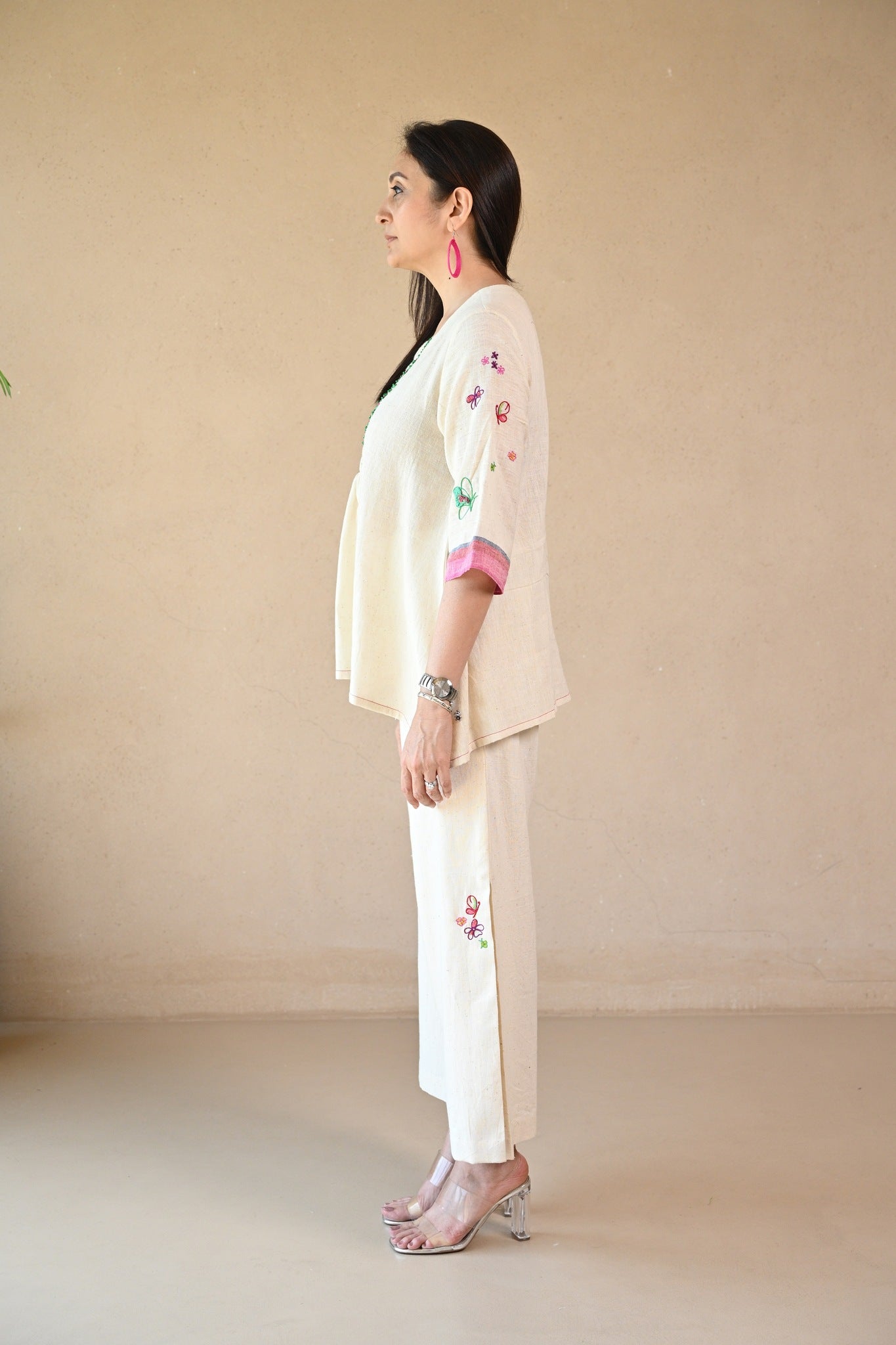 Titali Top with Ruching & Embroidery Details - Natural White - CiceroniTopsRang by Rajvi