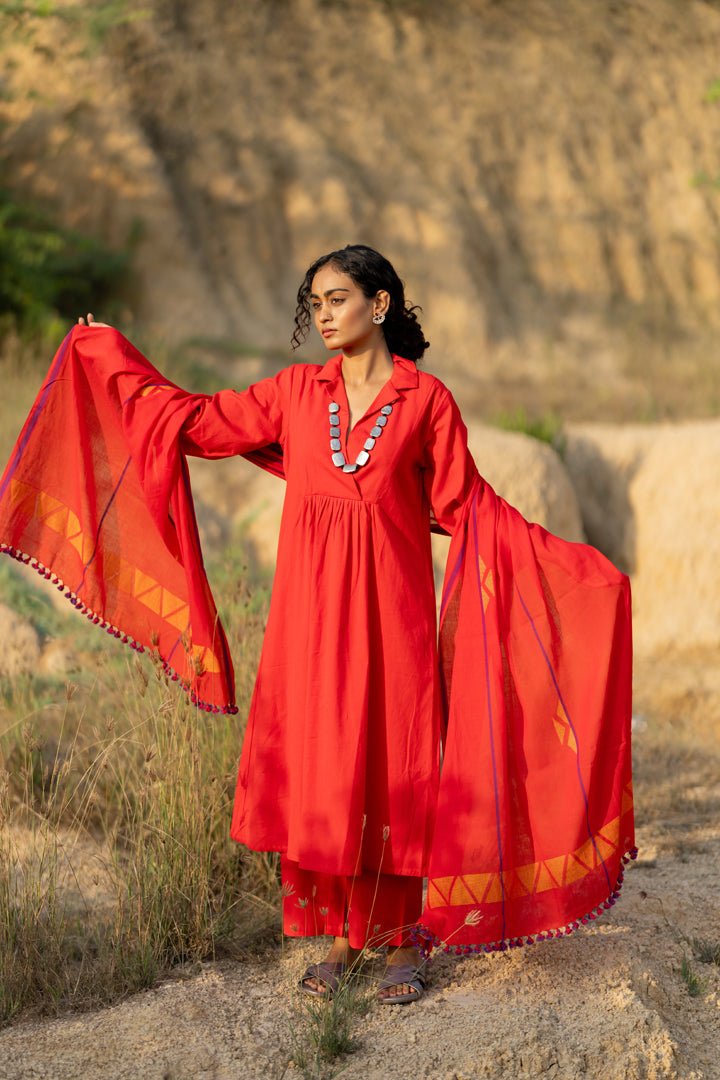 Tomato Red Kurta Set with Dupatta - CiceroniKurta Set, Everyday WearMaidaan