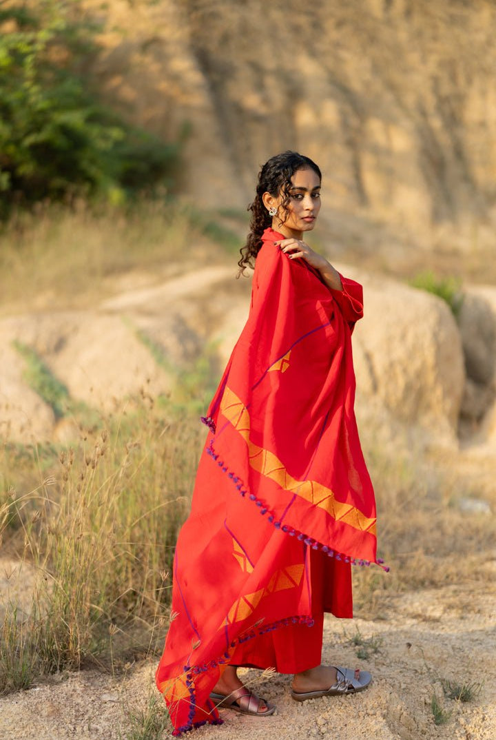 Tomato Red Kurta Set with Dupatta - CiceroniKurta Set, Everyday WearMaidaan