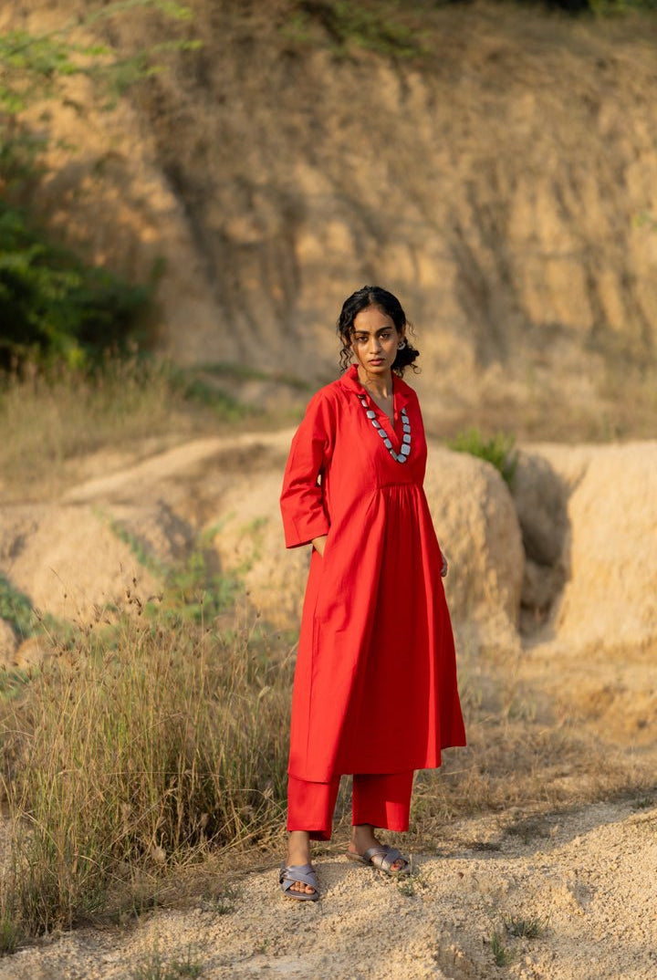 Tomato Red Kurta Set with Dupatta - CiceroniKurta Set, Everyday WearMaidaan