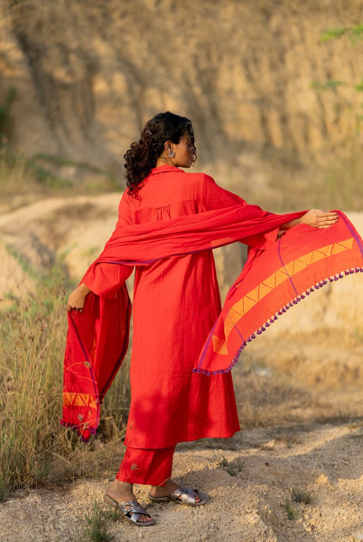Tomato Red Kurta Set with Dupatta - CiceroniKurta Set, Everyday WearMaidaan