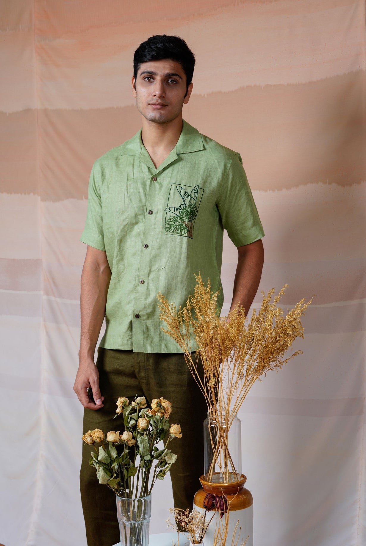 Tropical Leaf - Hand Embroidered Unisex Linen Shirt - CiceroniShirtsCultura Studio
