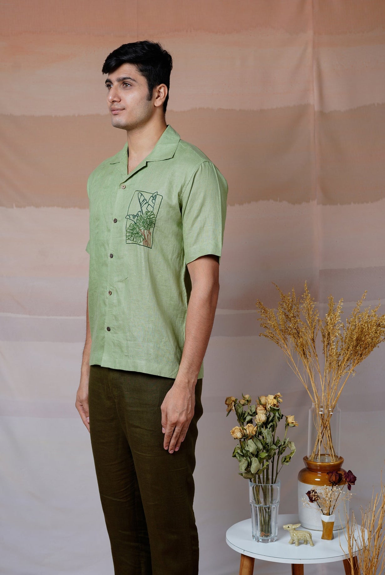 Tropical Leaf - Hand Embroidered Unisex Linen Shirt - CiceroniShirtsCultura Studio