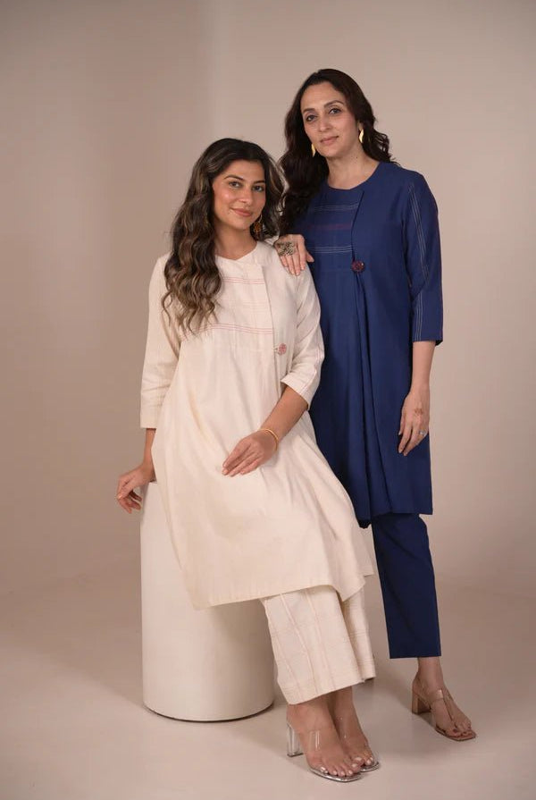 Tunic, Jacket style with Pleated texture detail and Hand embroidered button - Blue - CiceroniTunicsRang by Rajvi