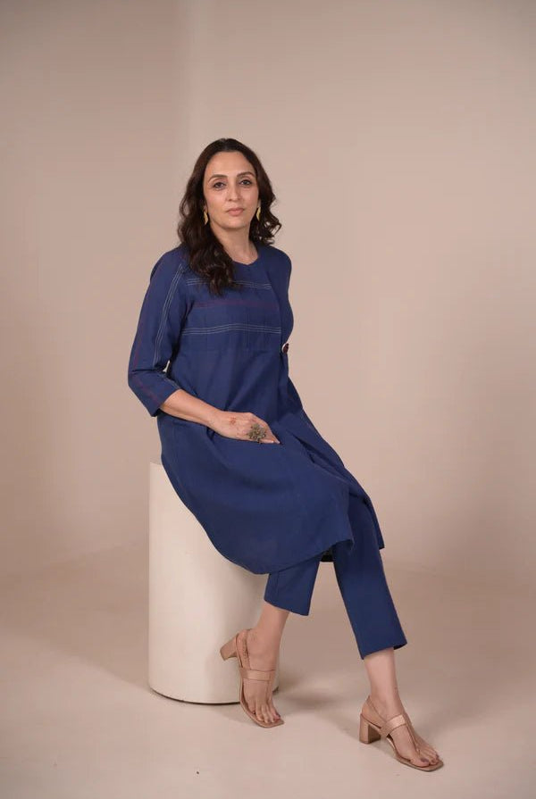 Tunic, Jacket style with Pleated texture detail and Hand embroidered button - Blue - CiceroniTunicsRang by Rajvi