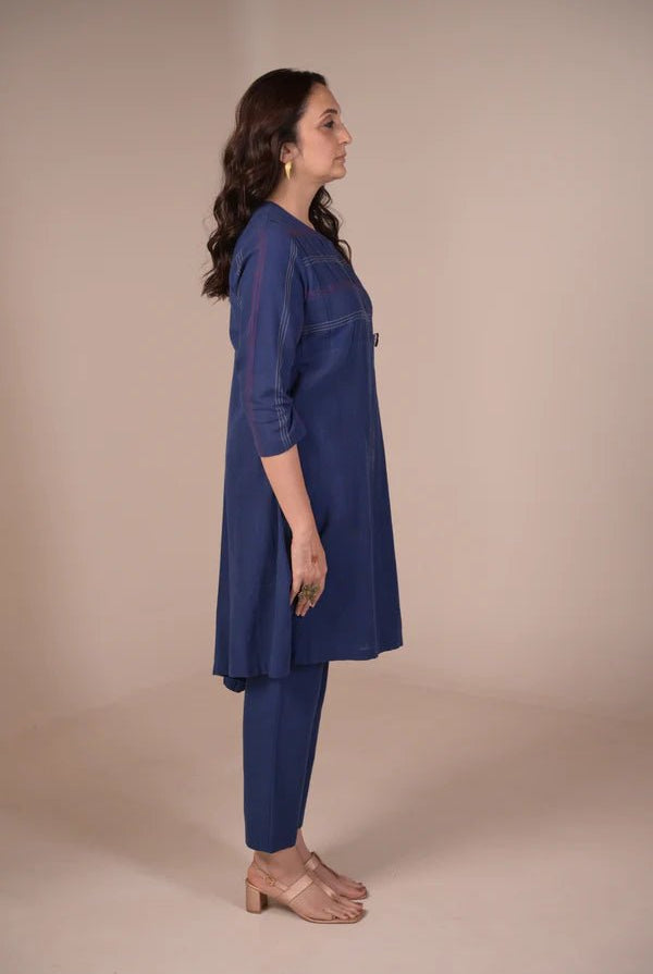 Tunic, Jacket style with Pleated texture detail and Hand embroidered button - Blue - CiceroniTunicsRang by Rajvi