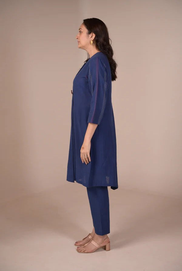 Tunic, Jacket style with Pleated texture detail and Hand embroidered button - Blue - CiceroniTunicsRang by Rajvi