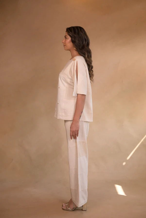 Tunic, with shoulder button in patched fabric and hand embroidery accents - CiceroniTopsRang by Rajvi