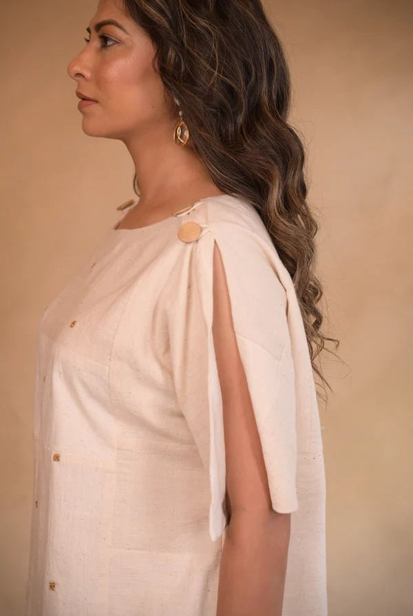 Tunic, with shoulder button in patched fabric and hand embroidery accents - CiceroniTopsRang by Rajvi