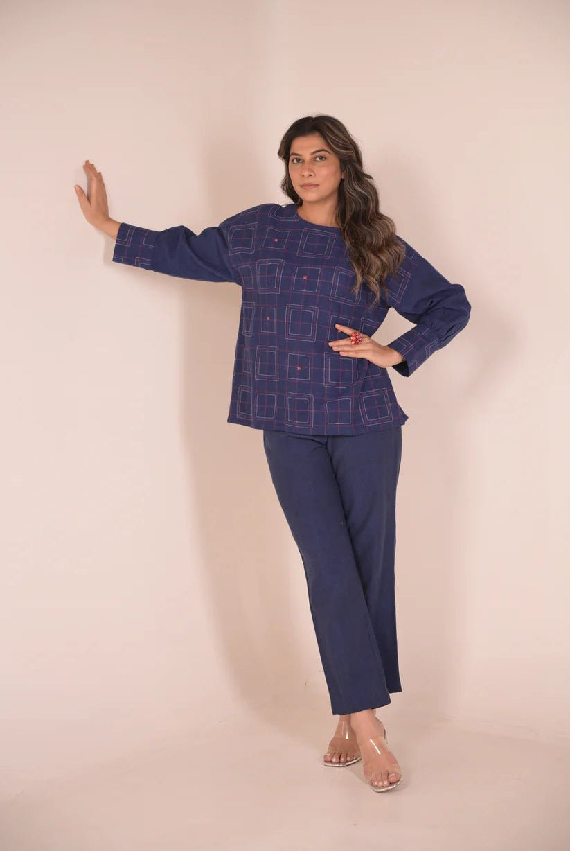 Tunic, with texture and hand embroidery accents - Blue - CiceroniTunicsRang by Rajvi