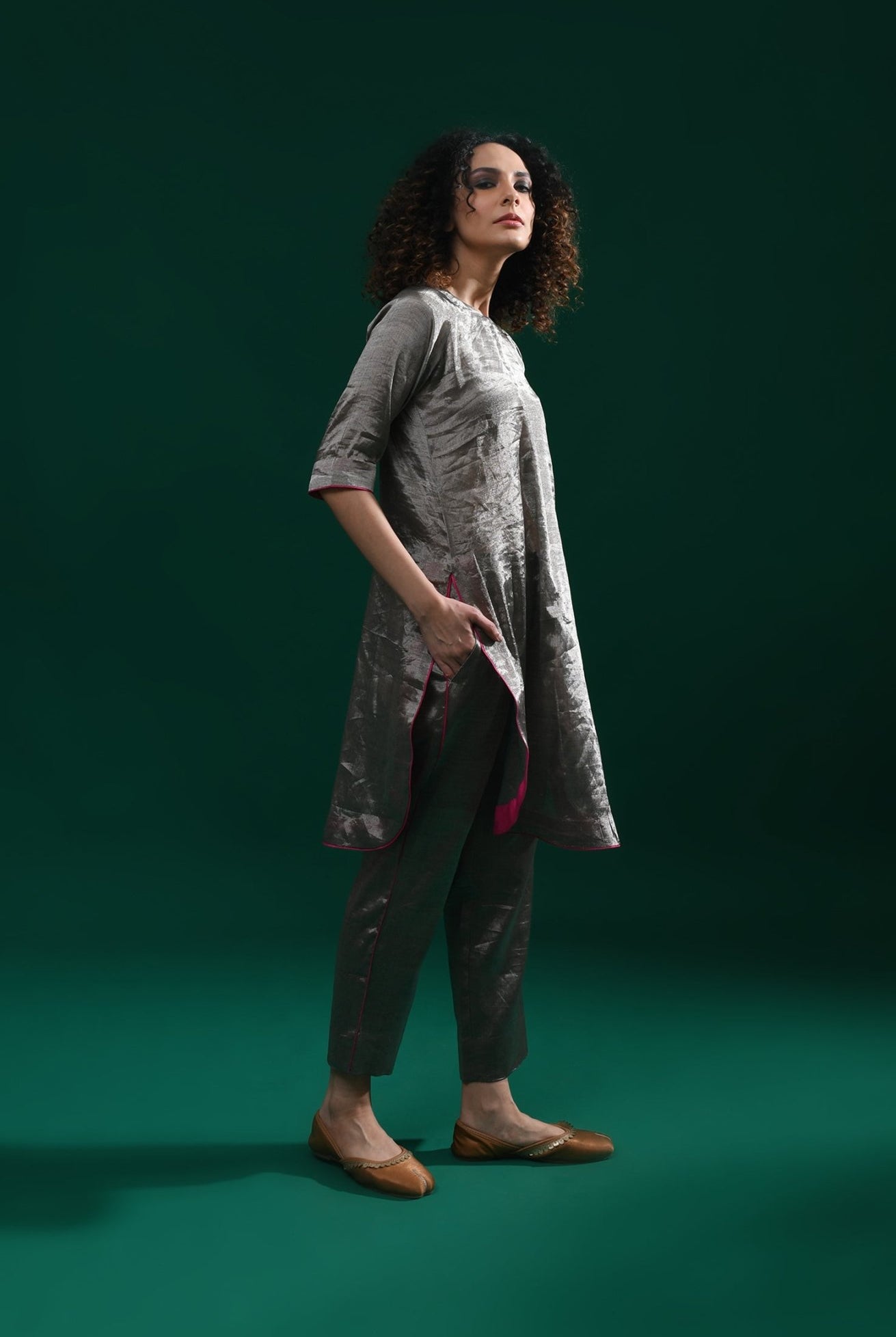 U - hem Tissue Co - Ord (Set of 2) - Metallic Silver - CiceroniKurta Set, Festive WearHiranya