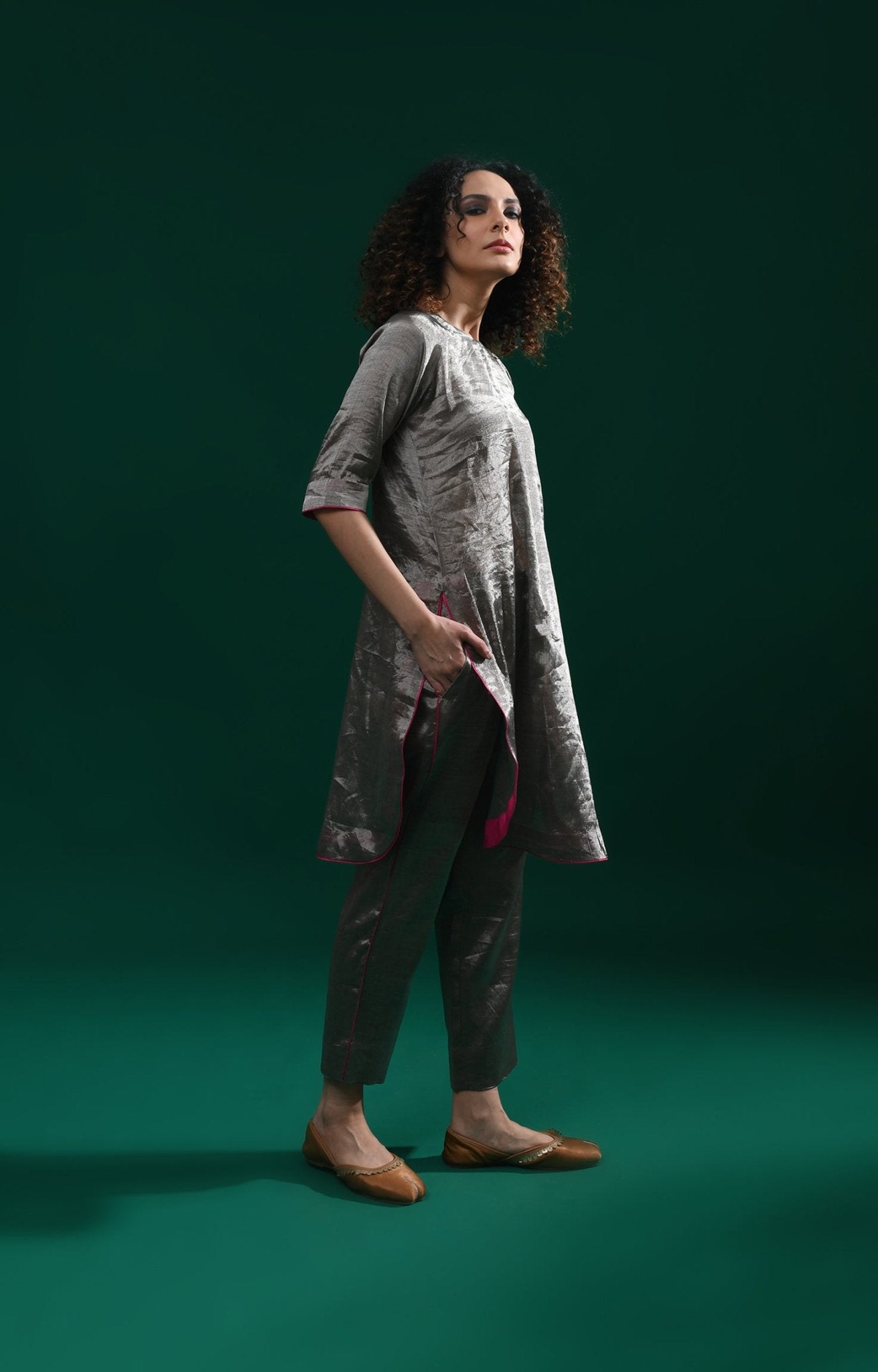 U - hem Tissue Co - Ord (Set of 2) - Metallic Silver - CiceroniKurta Set, Festive WearHiranya