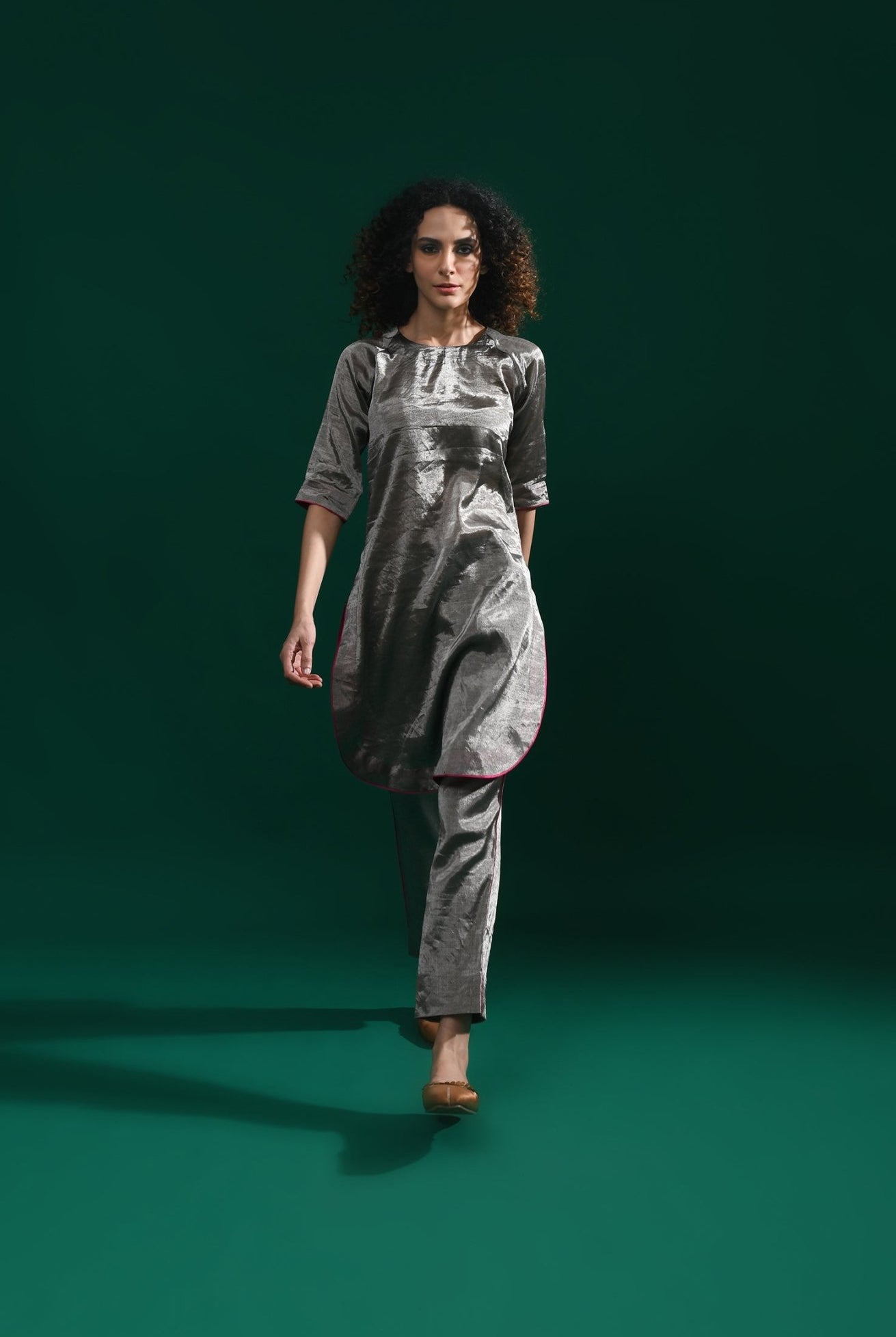 U - hem Tissue Co - Ord (Set of 2) - Metallic Silver - CiceroniKurta Set, Festive WearHiranya
