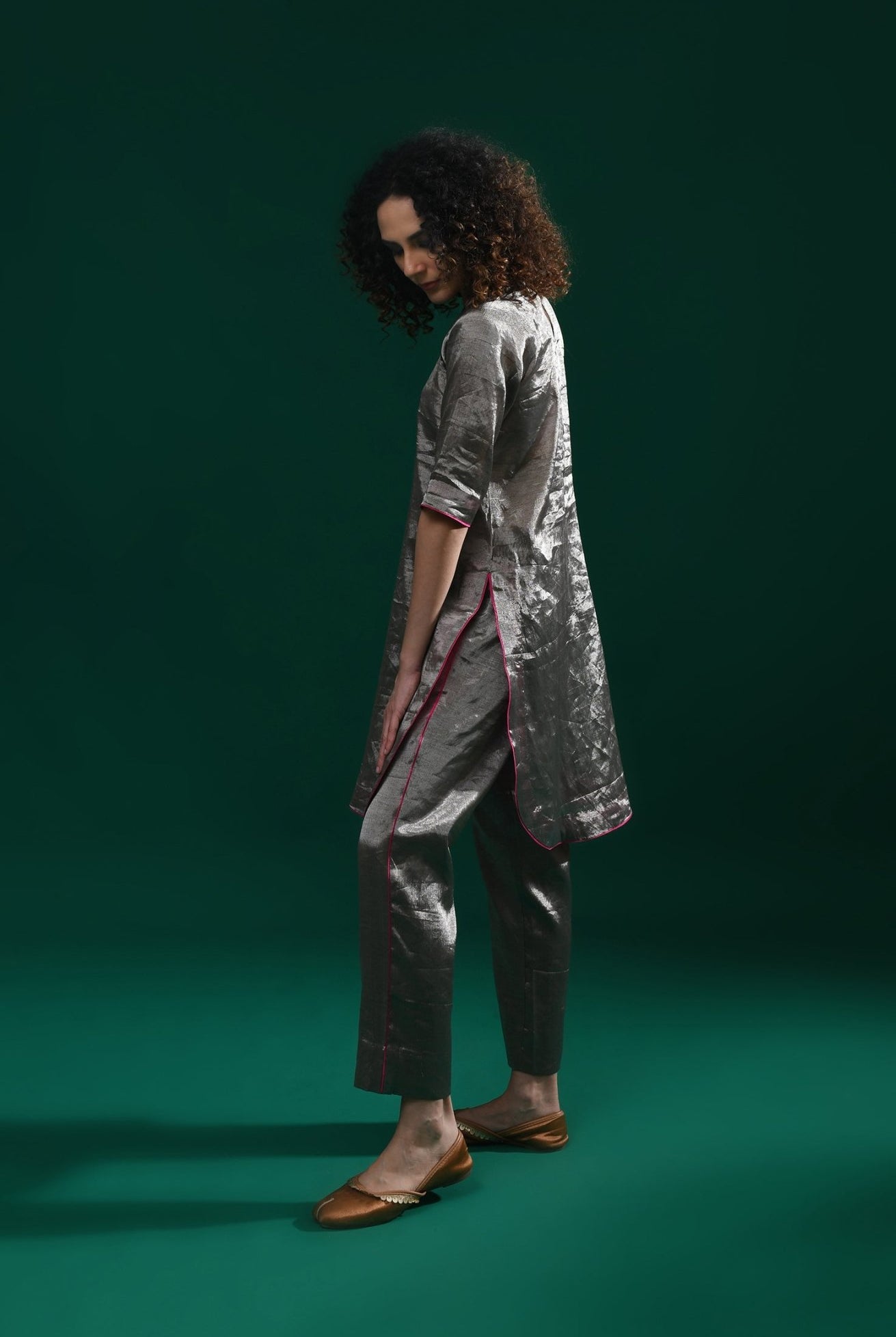 U - hem Tissue Co - Ord (Set of 2) - Metallic Silver - CiceroniKurta Set, Festive WearHiranya