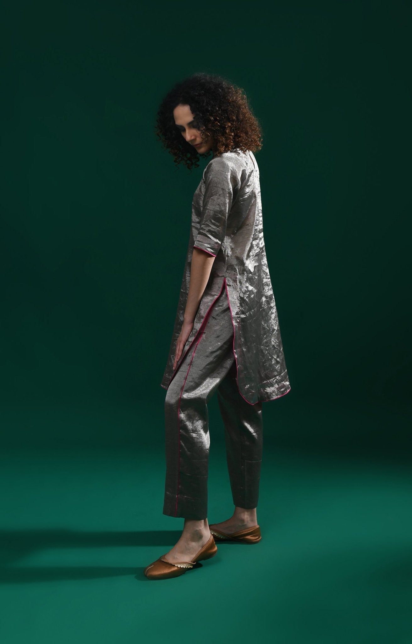 U - hem Tissue Co - Ord (Set of 2) - Metallic Silver - CiceroniKurta Set, Festive WearHiranya