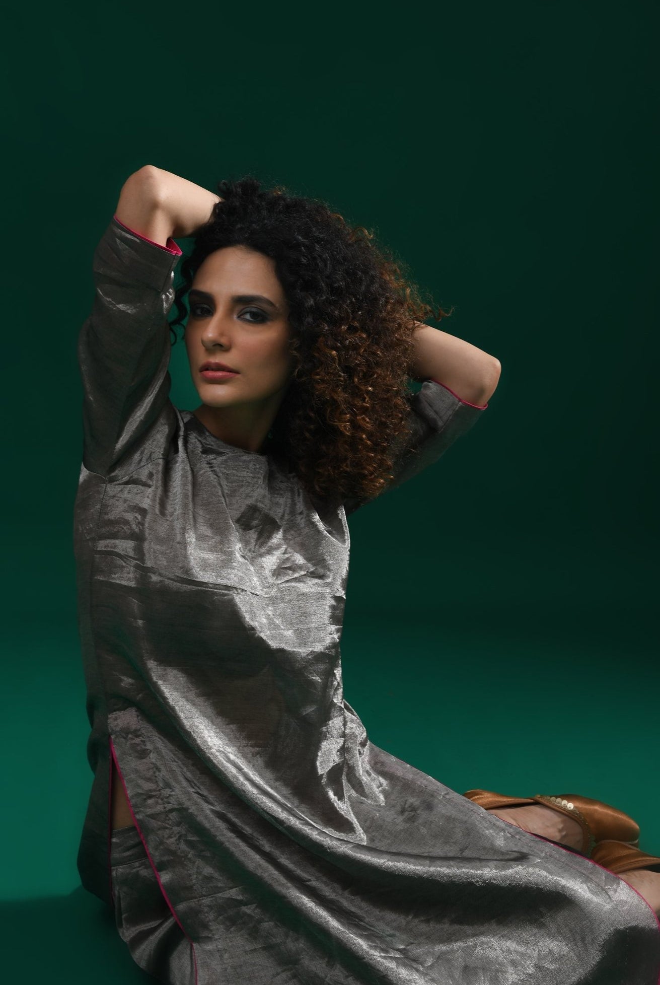 U - hem Tissue Co - Ord (Set of 2) - Metallic Silver - CiceroniKurta Set, Festive WearHiranya