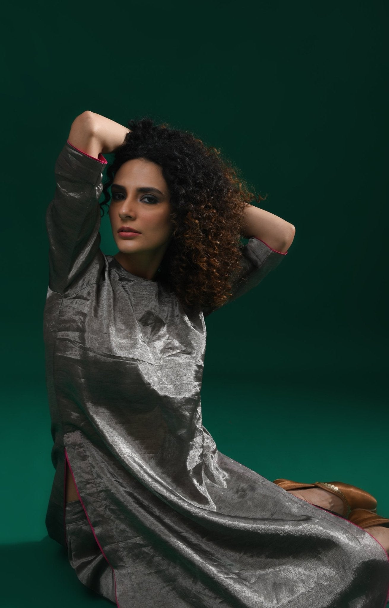 U - hem Tissue Co - Ord (Set of 2) - Metallic Silver - CiceroniKurta Set, Festive WearHiranya