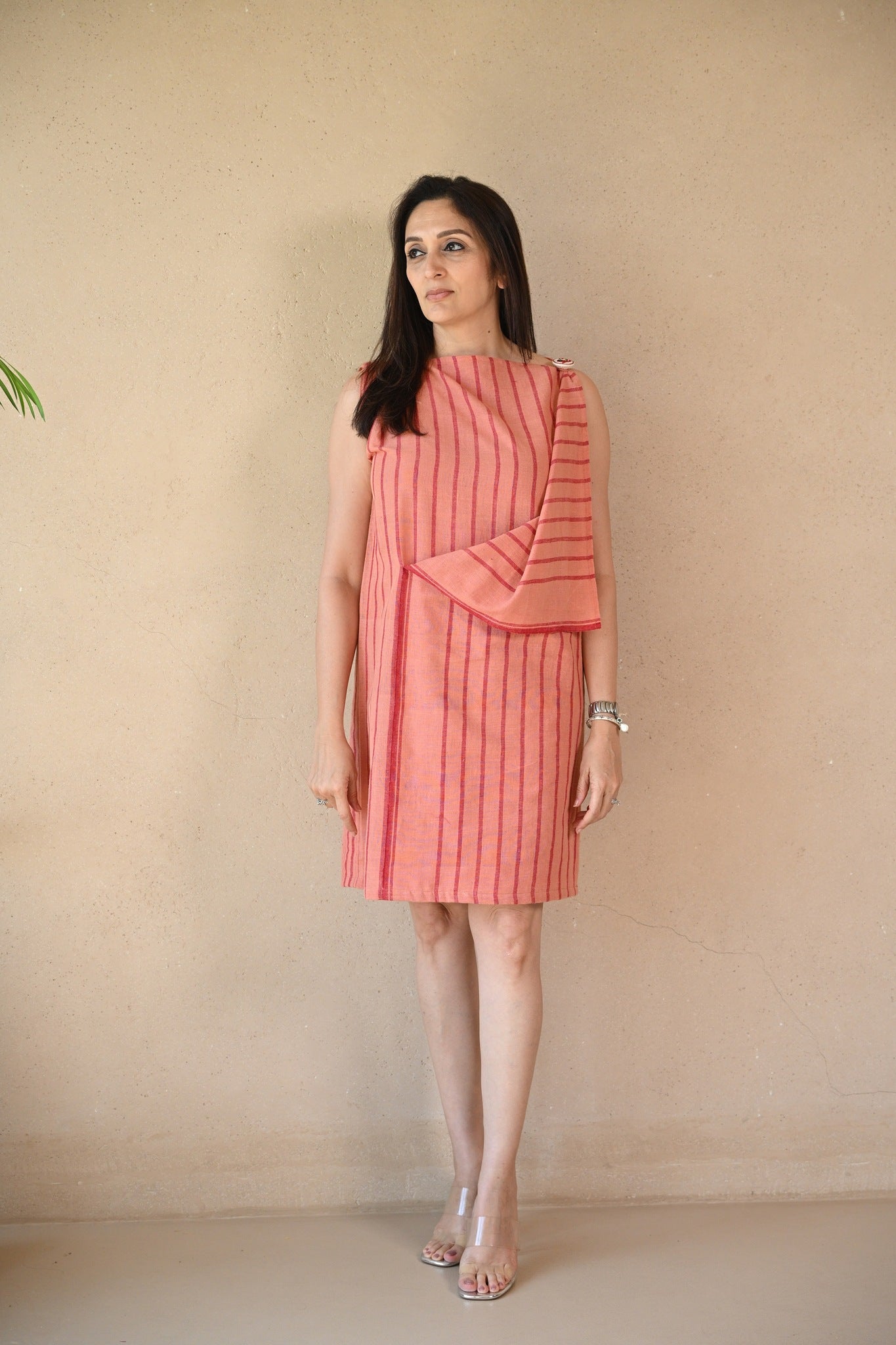 Uncut Dress with Shoulder Button - Peach Stripe - CiceroniDressesRang by Rajvi