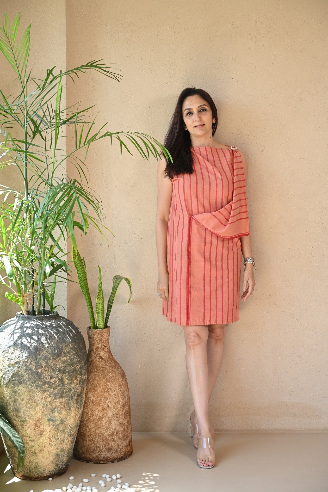 Uncut Dress with Shoulder Button - Peach Stripe - CiceroniDressesRang by Rajvi