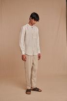 Undyed Pinstripe Linen Men's Band Collar Shirt - Slim Fit - CiceroniShirtSaphed