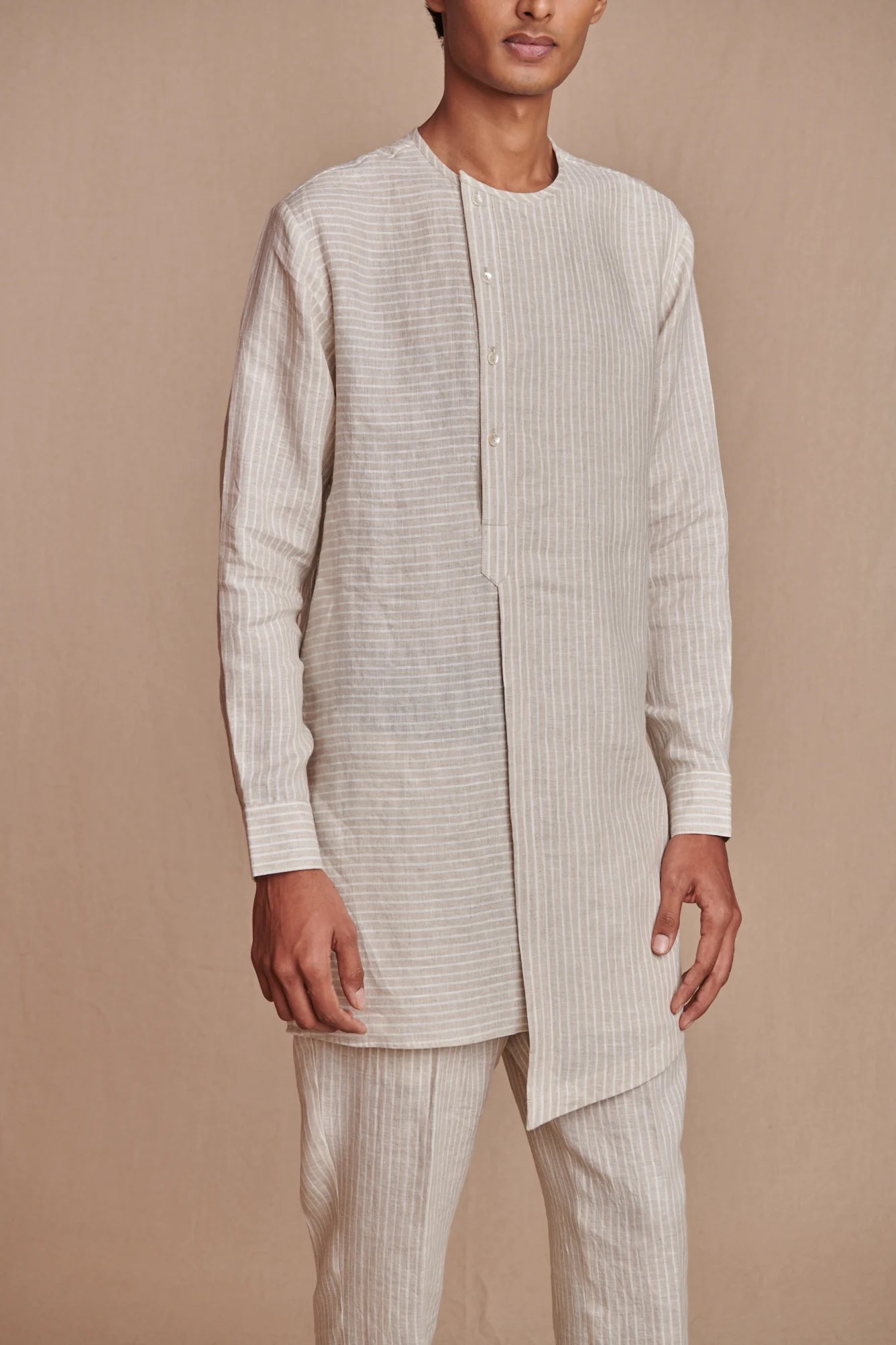 Undyed Pinstripe Linen Side Open Kurta Set - CiceroniKurta Set, Everyday WearSaphed
