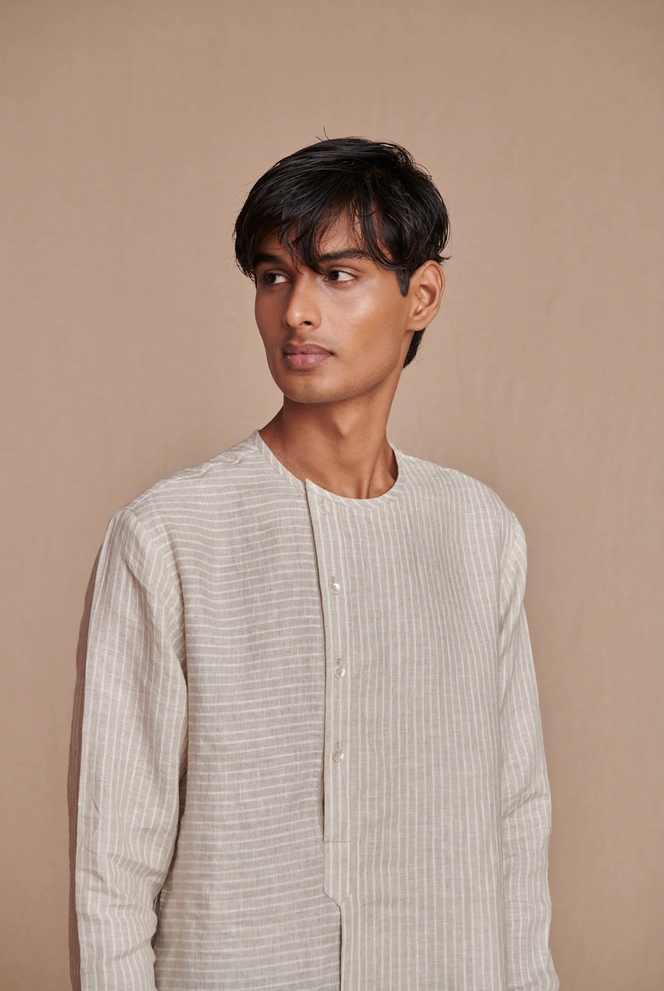 Undyed Pinstripe Linen Side Open Kurta Set - CiceroniKurta Set, Everyday WearSaphed