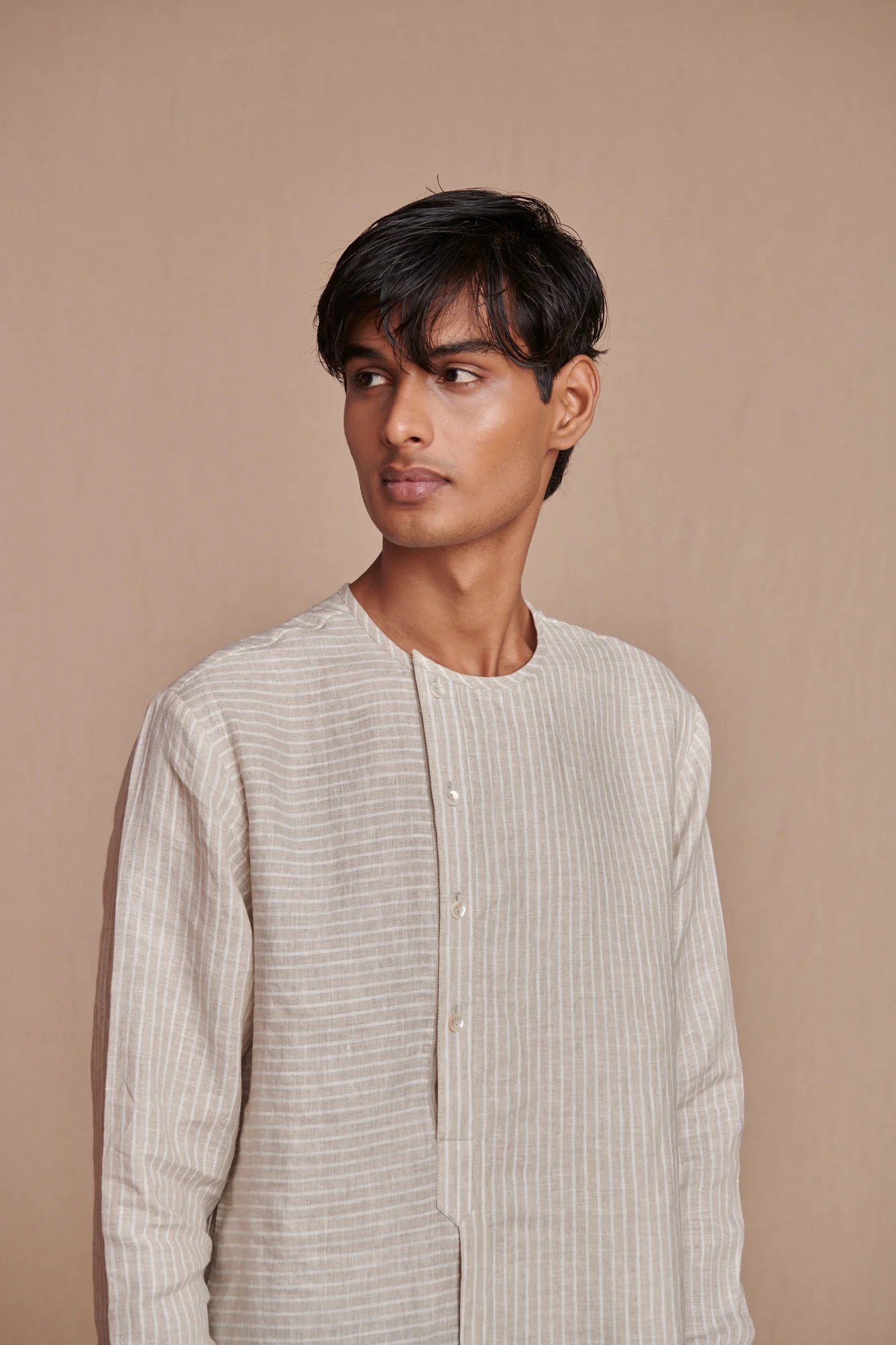 Undyed Pinstripe Linen Side Open Kurta Set - CiceroniKurta Set, Everyday WearSaphed