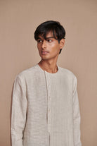 Undyed Pinstripe Linen Side Open Kurta Set - CiceroniKurta Set, Everyday WearSaphed