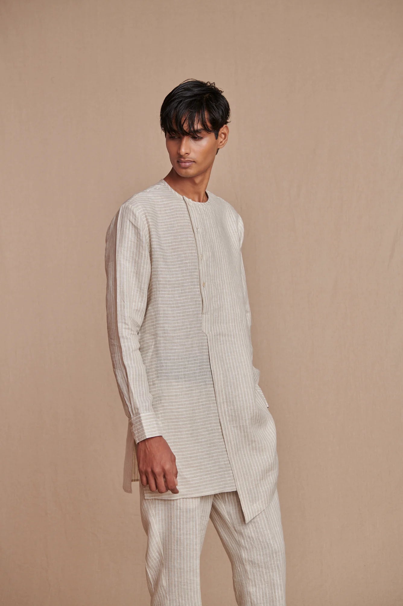 Undyed Pinstripe Linen Side Open Kurta Set - CiceroniKurta Set, Everyday WearSaphed