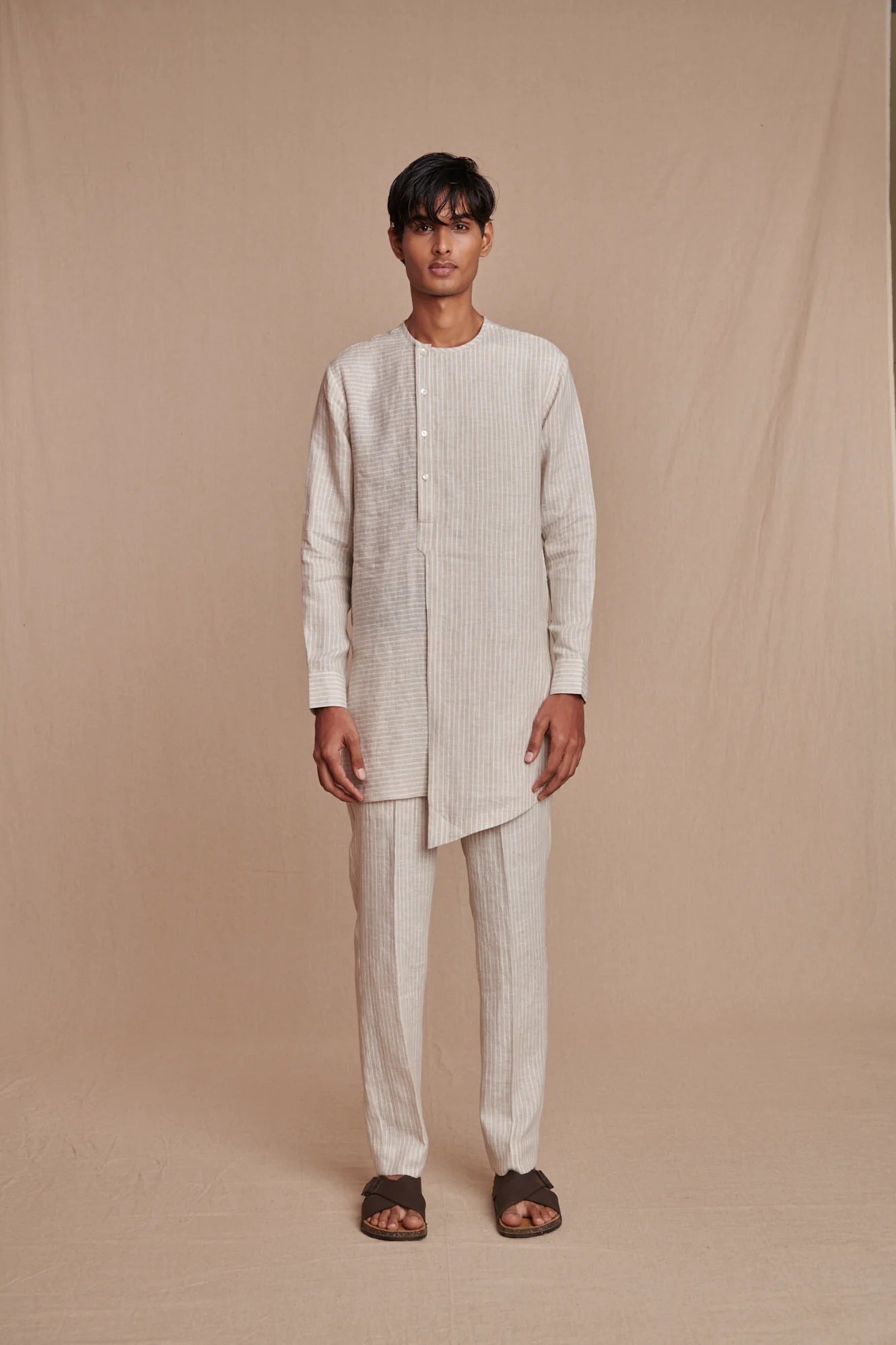 Undyed Pinstripe Linen Side Open Kurta Set - CiceroniKurta Set, Everyday WearSaphed