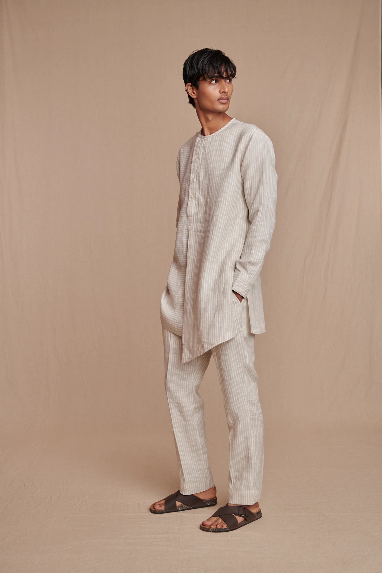 Undyed Pinstripe Linen Side Open Kurta Set - CiceroniKurta Set, Everyday WearSaphed