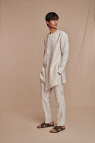 Undyed Pinstripe Linen Side Open Kurta Set - CiceroniKurta Set, Everyday WearSaphed