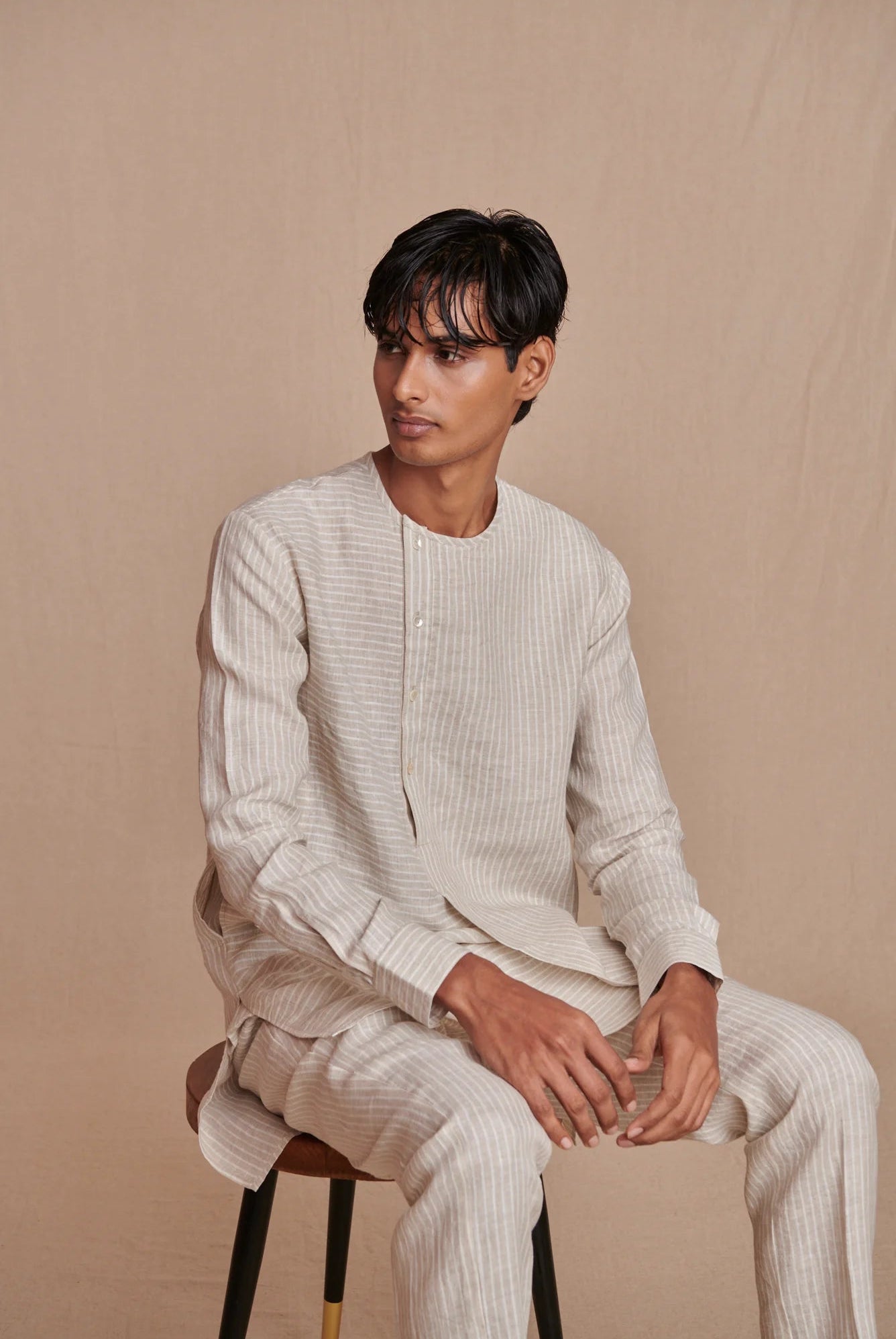 Undyed Pinstripe Linen Side Open Kurta Set - CiceroniKurta Set, Everyday WearSaphed