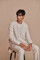 Undyed Pinstripe Linen Side Open Kurta Set - CiceroniKurta Set, Everyday WearSaphed